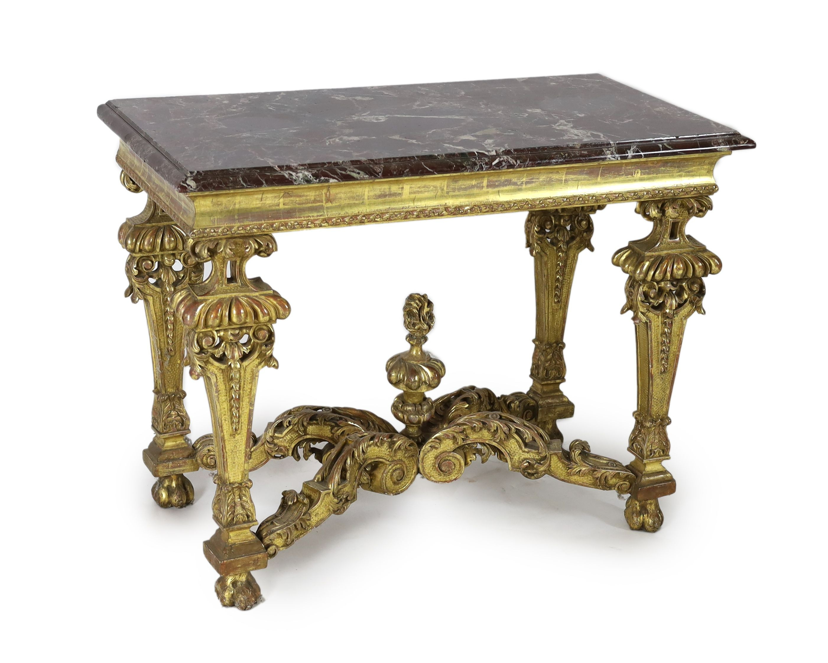 A Louis XIV period carved giltwood console table, W.108cm D.56cm H.82cm